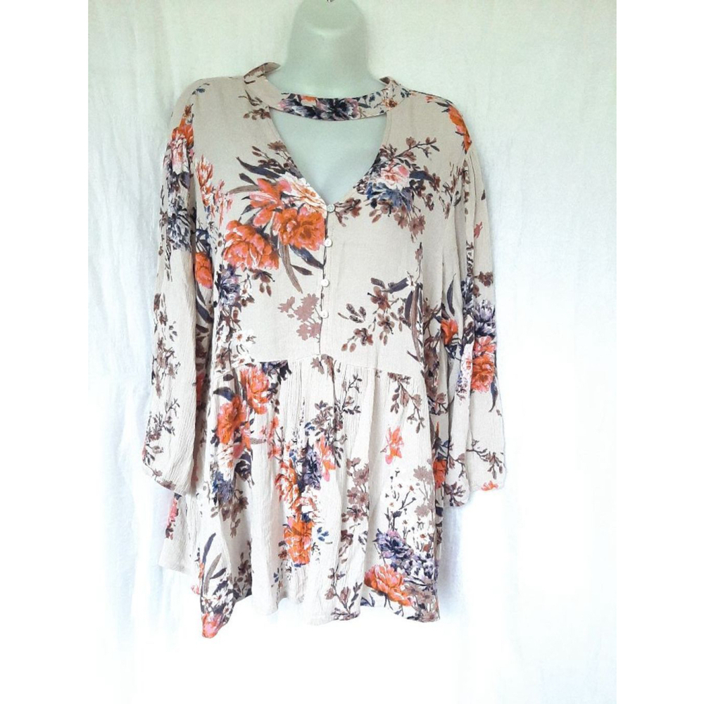 Women's Staccato Floral high neck keyhole babydoll blouse Size L Tan